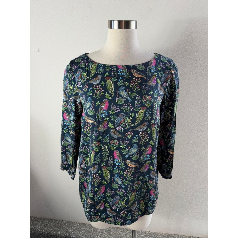 J Jill Womens Small Bird Floral Viscose Blouse Navy Blue 3/4 Sleeve Tunic Top